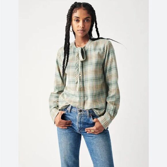 Faherty blue and green plaid button down long sleeve shirt w neck tie Sz small - Picture 1 of 11